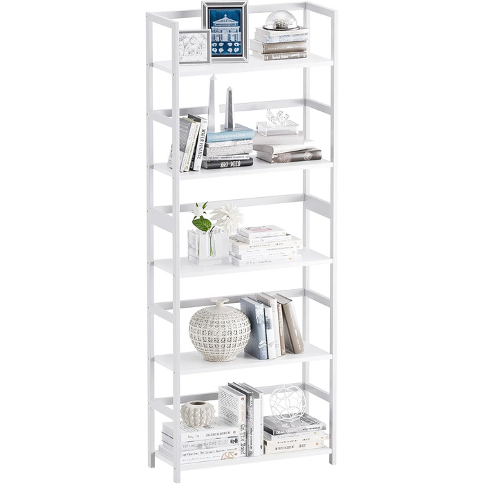 5-ярусна полиця для книг, індустріальна полиця з бамбуковим каркасом, сучасна полиця-вітрина, органайзер для зберігання з дерева для вітальні, домашнього офісу, рустичний колір (білий)