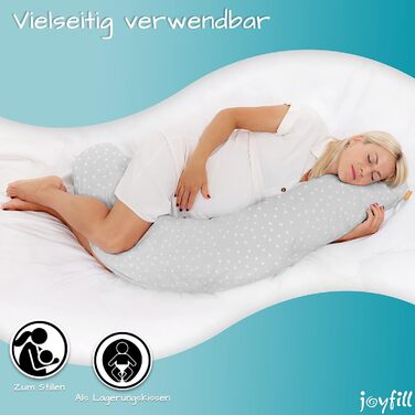 Подушка для годування Joyfill® Premium Stillkissen з мікроперлин, 170 см - ідеальна для сну та годування. Зручна та тиха завдяки наповнювачу з мікроперлин. Бічна подушка для годування, 100% Made in Germany. Сірий колір, в горошок.