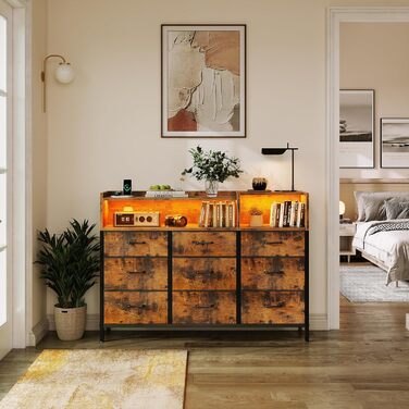 Комод ODK з шухлядами, 2 розетки, 2 USB, 10 LED-смужок, полиця-стільниця, 9 тканинних шухляд, чорний (ретро стиль), 130x30x97 см