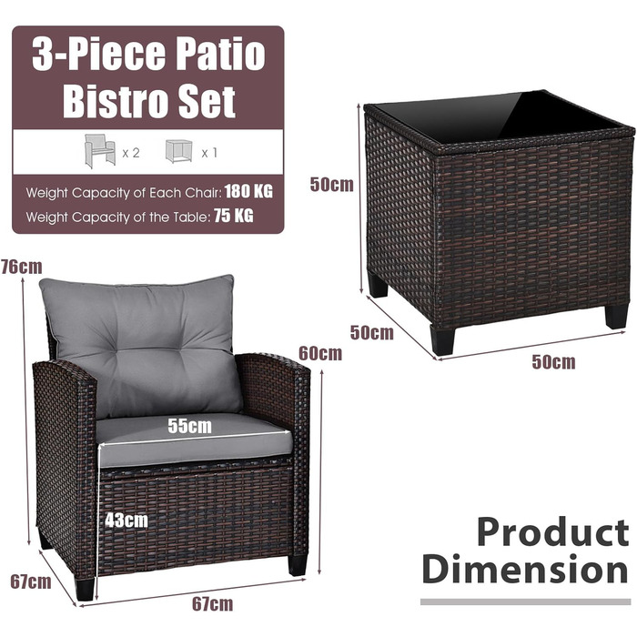 Набір садових меблів LIFEZEAL 3 предмети: 2 крісла та стіл з штучного ротангу (PE) з подушками, скляна стільниця, для тераси, балкона, саду - сірий