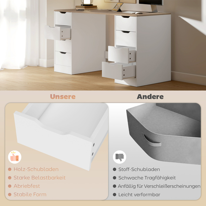 HOMCOM Комп'ютерний стіл 140 см, 8 висувних ящиків, робочий стіл для домашнього офісу, спальні, сталь, дерево, білий