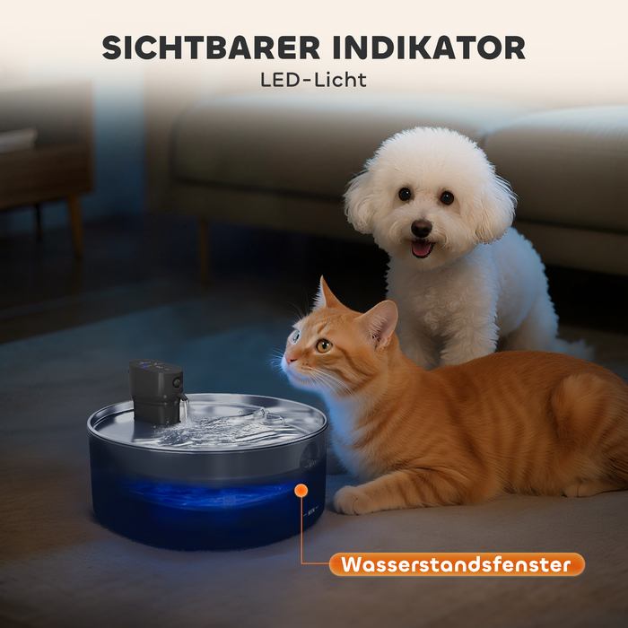 Джерело води для котів Katzenbrunnen 7L з тихою помпою, LED-підсвіткою, фільтром з активованого вугілля та нержавіючою сталлю (30,6 x 30,6 x 17,2 см)