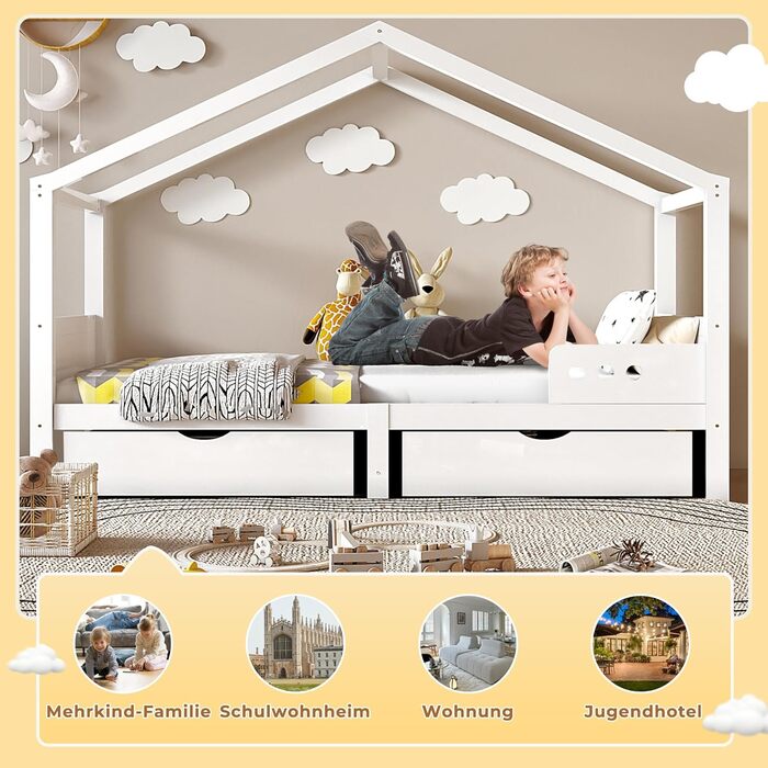 Двоспальне ліжко-хатинка для дітей 90x200 см з шухлядами, з натурального дерева (сосна), білий колір