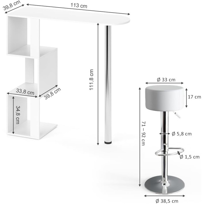 Барний стіл Vicco Vincent, Білий, 113 х 40 см, в т.ч. Барний стілець