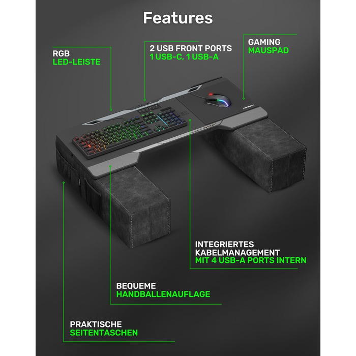 Couchmaster CYCON³ Black HORIZONLIGHT – стіл для ноутбука для геймінгу, чорний, з USB-хабом