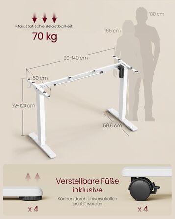 Електричний регульований стіл VASAGLE LSD02B0V2 - сталевий каркас, 3 пам'яті висоти, з гачками