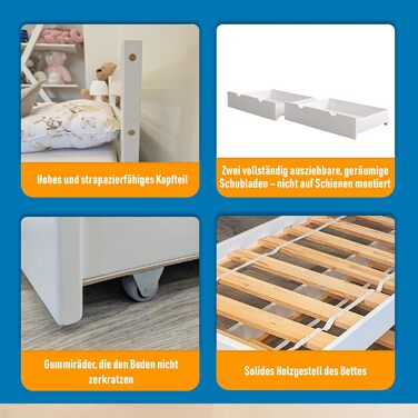 Ліжко дитяче Вробель Kinderbett 90x200 см з 2 шухлядами та ламелями - односпальне ліжко з масиву сосни - ліжко Монтессорі для дітей та підлітків, біле - без матрацу 90 x 200 см