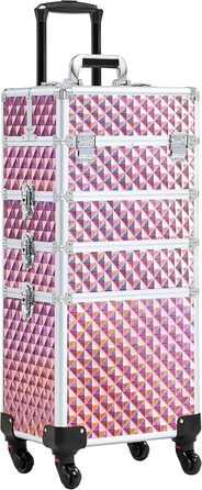 Косметичка-тролей Yaheetech 4-в-1, велика косметичка для макіяжу з замком, рожевий блискучий кейс для перукарів та візажистів з ящиком та колесами