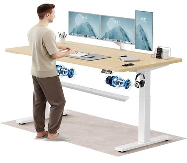 Електричний підйомний стіл Devoko 180x80 см, ергономічний комп'ютерний стіл для роботи сидя-стоячи з подвійним мотором, пам'яттю та USB-C (Дуб/Білий)