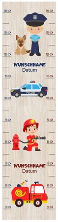 Персональна дитяча планка від 50 до 140 см Зріст / загальний розмір 100x25 см поліцейський пожежний з автомобілями / індивідуалізований особисто / без забруднюючих речовин сертифікований FSC поліцейський і пожежний без запаху