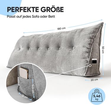 Підпорука для спини Björn&Schiller - подушка для читання для ліжка та дивана, клиноподібна подушка, спинка для стіни, сидіння, подушка для стіни, велика знімний чохол (Сірий, 180 см)