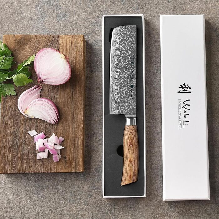 Японський ніж Wakoli EDIB Pro Nakiri з дамаської сталі (серцевина VG10) 18 см – гострий, точний та ергономічний – ніж з пакавуд ручкою в подарунковій коробці – для овочів та зелені (з гравіюванням)