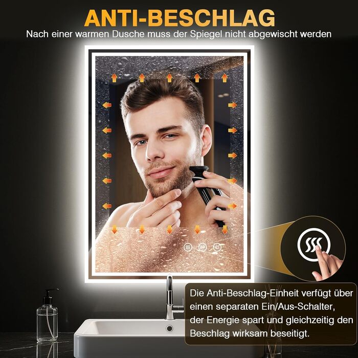 LED дзеркало для ванної кімнати з підсвічуванням 50x70 см, 3 кольори світла, регулювання яскравості, проти запотівання, сенсорне/кнопкове керування