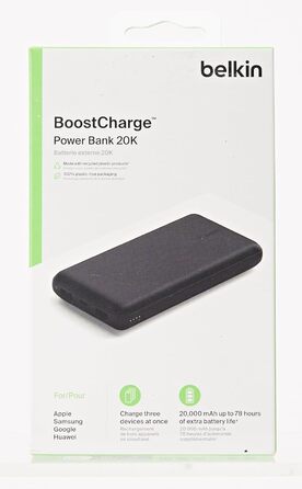 Портативний зарядний пристрій Belkin USB-C 20 000 мАг Power Bank з USB-C/USB-A для iPhone та інших пристроїв - чорний