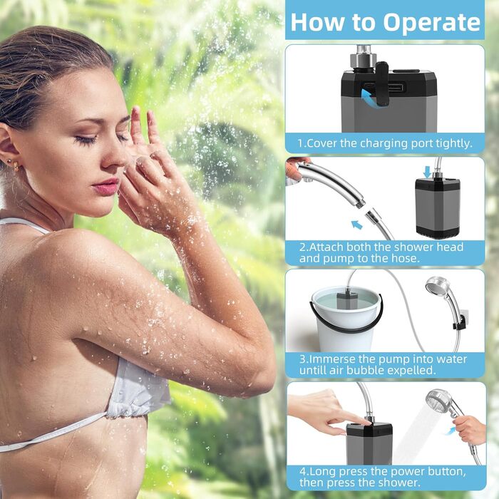 Портативна електродушова система для кемпінгу з акумулятором 6000mAh, фільтрацією, покажчиком температури та шлангом 2м