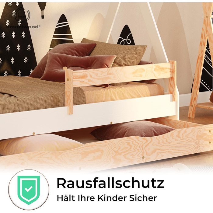 Ліжко-платформа Smartwood Hausbett для дітей Montessori Tipi F з сосни з сертифікатом FSC, захист від падіння, ламелі до 230 кг, для хлопчиків та дівчаток, проста збірка (60x120, білий) з ящиком