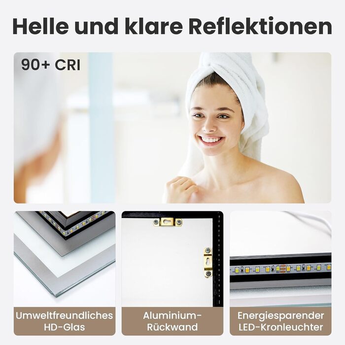 Дзеркало для ванної кімнати з підсвіткою 70x50 см | LED дзеркало | IP54 вологостійке | Сенсорне управління | Настінне дзеркало | Горизонтальна/Вертикальна установка