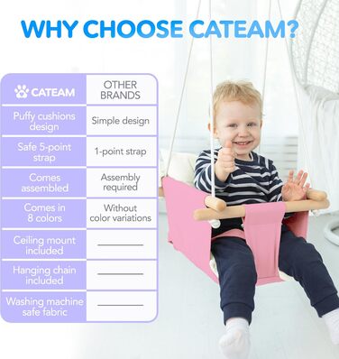 Дитяча гойдалка Cateam з дерева для дому та саду. Безпечний ремінь, від 12 місяців. Різні кольори, рожева.