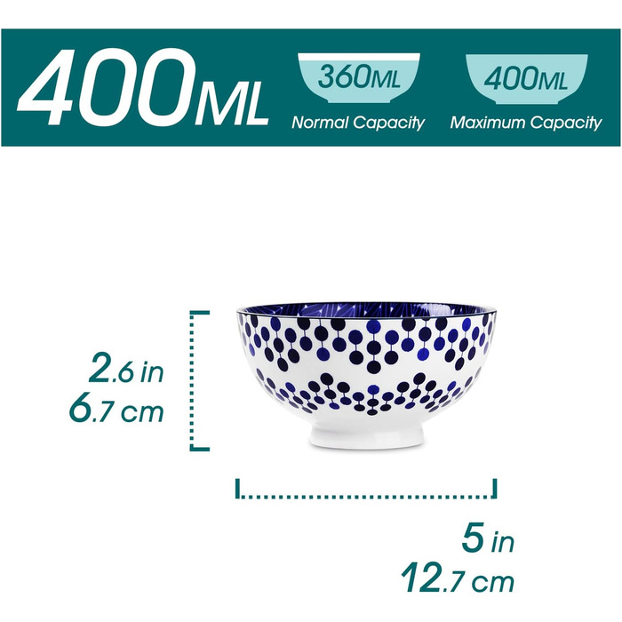 Ванкассо 6 шт. Набір порцелянових мисок, 640 мл, барвистий, Японський стиль, Круп'яні миски