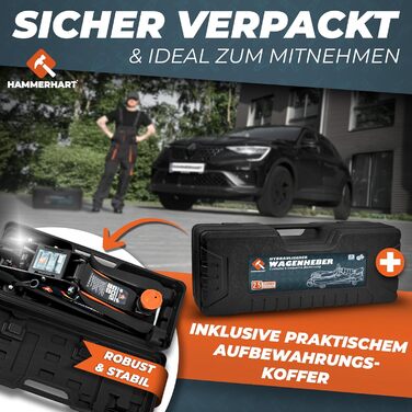 Гідравлічний домкрат HAMMERHART 3T з низьким профілем, 75-505мм, колеса 360°, подвійний поршень, гумові накладки, T-ручка - перевірена якість TÜV