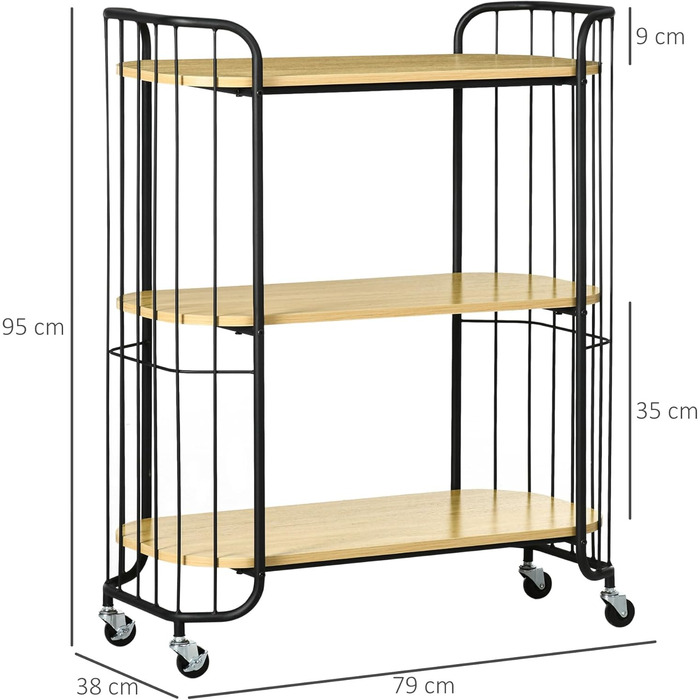 Візок для кухонного візка HOMCOM, 3 яруси, сервірувальний та багатоцільовий візок, сталевий, натуральний, 79x38x95 см