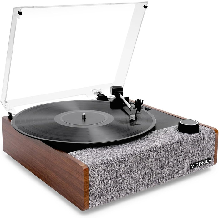 Програвач вінілових платівок Victrola з Bluetooth 5.1, динаміками, технологією Vinyl-Stream, ретро-дизайном, трьома швидкостями та головкою Audio Technica AT-3600LA, горіховий колір