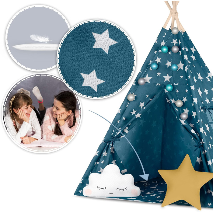 Дитячий намет NUKIDO Tipi з бавовни та дерев'яним каркасом, блакитний, 120x120x165 см