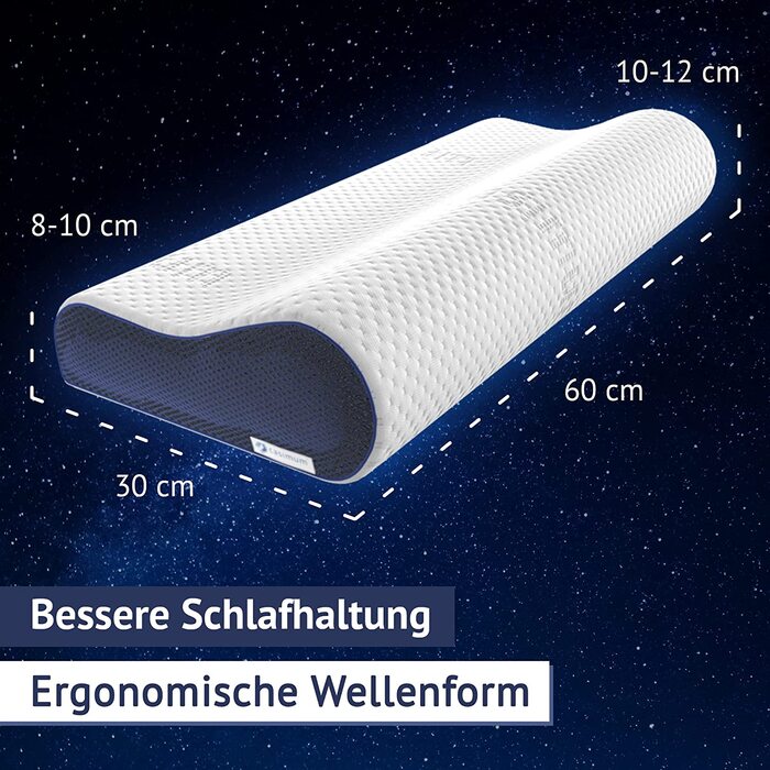 Ортопедична подушка для шиї з Memory Foam, регульована висота, знімає напругу голови та шиї, проти болю в шиї, 60x30 см, з синім чохлом, середньої жорсткості