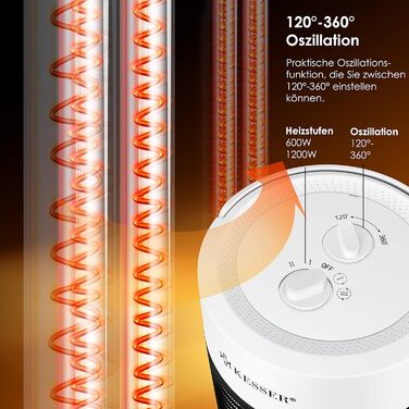 Інфрачервоний обігрівач KESSER Radiant Heater, Енергоефективний обігрівач 700 Вт Інтер'єр з коливанням на 360, Підлоговий блок, Електричний обігрівач IP55, Обігрівач для патіо (1200 Вт, білий)