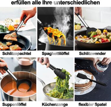 Набір кухонних помічників, 26 предметів: силіконове кухонне приладдя, посуд, стійкий до нагрівання, з тримачем, антипригарний, з нержавіючою ручкою, придатний для миття в посудомийній машині (чорний)