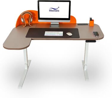 Електричний кутовий стіл з регулюванням висоти 150 см, L-подібний, з 4-ма пам'ятями, з'єднувальна панель, для дому та офісу (150x68 см, темно-коричневий-помаранчевий)