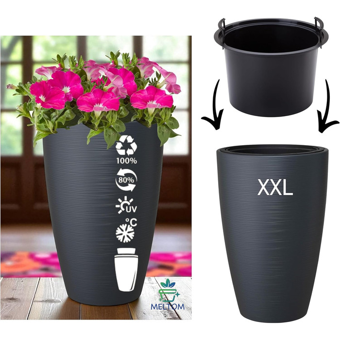 Горщик для квітів MELTOM Blumenkübel, XXL-58см, антрацит, знімний вкладиш, горизонтальні смуги