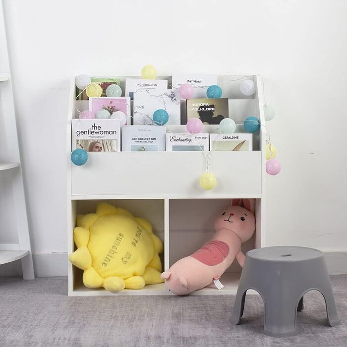 Книжкова шафа для дитячої кімнати, дерев'яний каркас, з полицями для іграшок, книг і журналів, сучасний дизайн, меблі, дитяча кімната, колір білий (79 х 72 х 32 см)