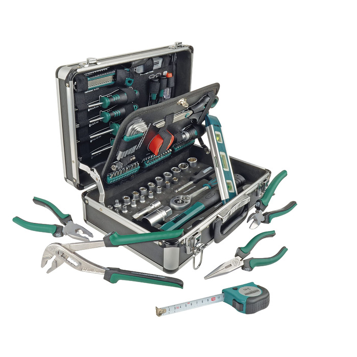 Набір інструментів Brüder Mannesmann 90 предметів в алюмінієвому кейсі M29067: плоскогубці, викрутки, тріскачка, тестер напруги