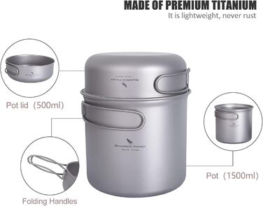 Набір кухонного посуду iBasingo для кемпінгу: титановий посуд з відкидним ручками, 1500 мл каструля та 500 мл сковорода, ідеальний для туризму та пікніків