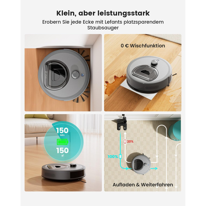 Робот-пилосос LEFANT M330 з функцією миття, 5000Pa, лазерна навігація, PSD-технологія, APP, 160 хв, для тварин, килимів, твердих підлог, сірий