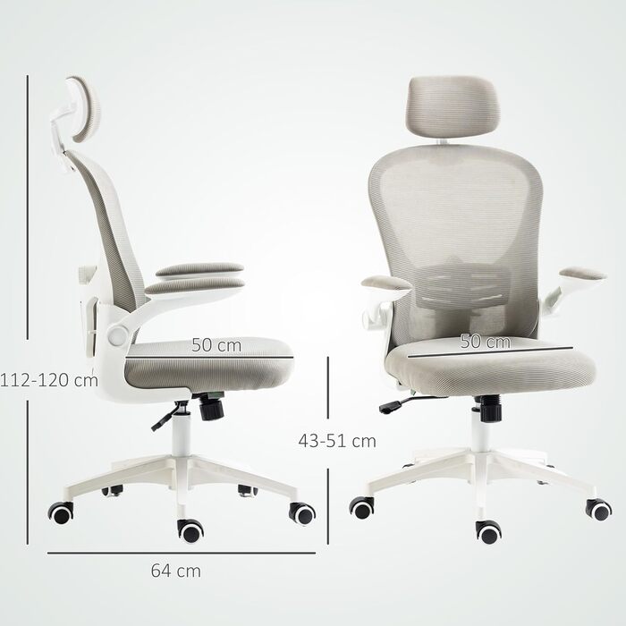 Офісне крісло Vinsetto з високою спинкою, сітчаста тканина, комп'ютерне крісло з обертовою підголівником, 4D поперекова підтримка, відкидні підлокітники, регульована висота, Білий (Сірий)
