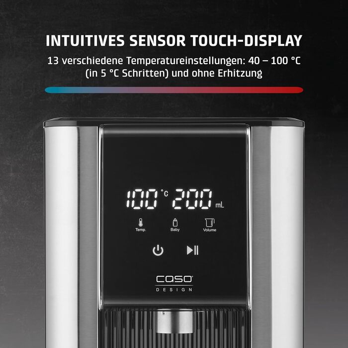CASO HW 620 - Нагрівач води, 2600W, 40-100°C, 7 режимів подачі, бак 2,5л, економія енергії, функція для дітей, нержавіюча сталь, фільтр для води, нагадування про декальцинацію