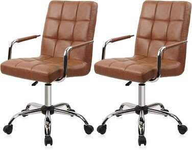 Офісний крісло Clatina з шкіри, з колесами, ергономічне, з середньою спинкою та підлокітниками, поворотне, регульоване по висоті, для дому, кабінету, 2 шт. (Колір: Коричневий, Макс. вага: 160 кг)
