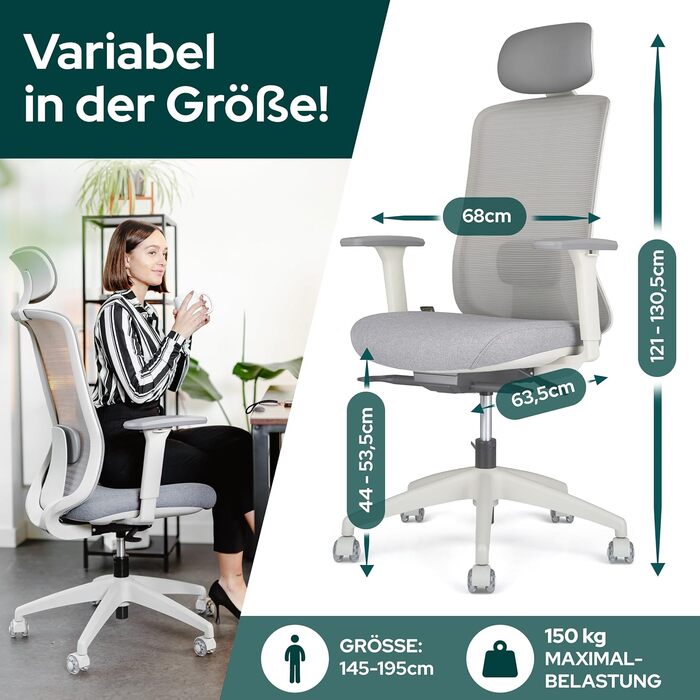 Ергономічне крісло Schekka® для офісу - індивідуальне налаштування, підтримка голови та попереку, 3D підлокітники, дихаюча сітка, 150 кг, світло-сірий/м'ятний колір. З підголовником