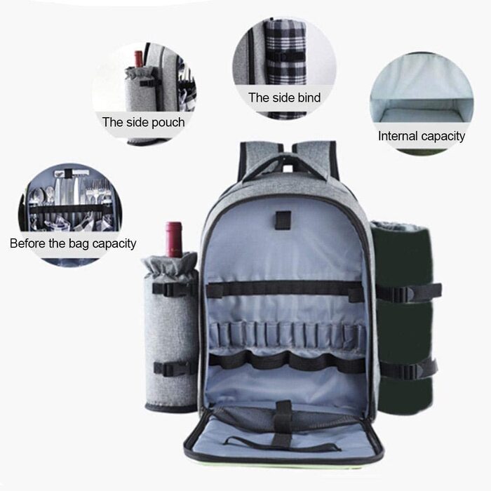 Набір для пікніка на 4 особи з ізольованим холодильним відділенням, сірий. Багатофункціональний рюкзак для пікніка, кемпінгу та відпочинку на природі.