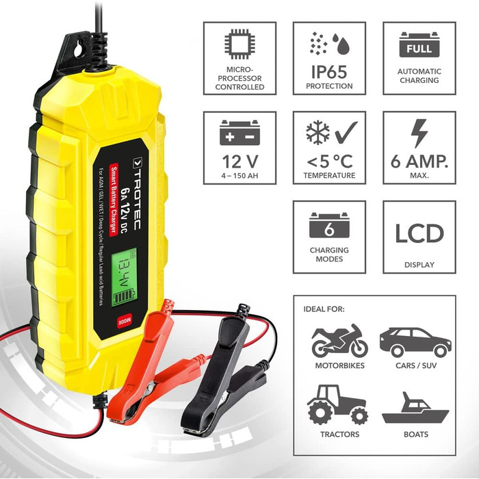 Універсальний зарядний пристрій TROTEC 12V для автомобілів, мотоциклів, будинків на колесах, тракторів, транспортерів, IP65 (PBCS 6A)