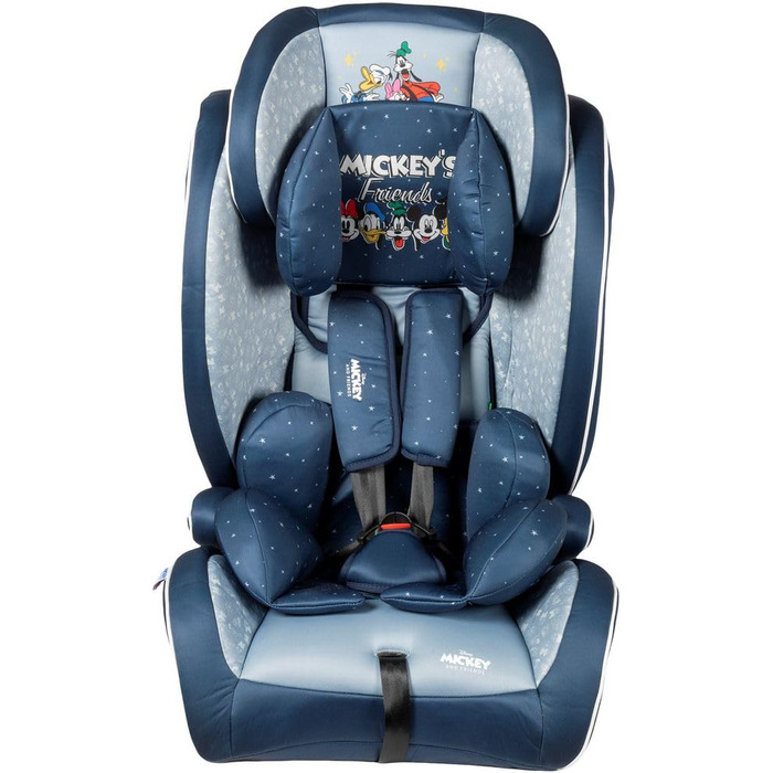 Автокрісло Disney Mickey Mouse з кріпленням ISOFIX для безпеки дитини зростом від 76 до 150 см з Міккі Маусом, Мінні Маус, Дональдом Даком, Плутоном і Гуфі на синьому тлі