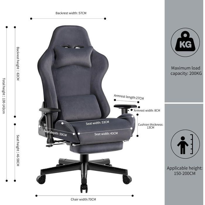 Ігровий крісло JUMMICO з тканини, офісне крісло з масажем, ергономічний офісний стілець, регульовані підлокітники, 90-180° нахил, 200 кг, сірий