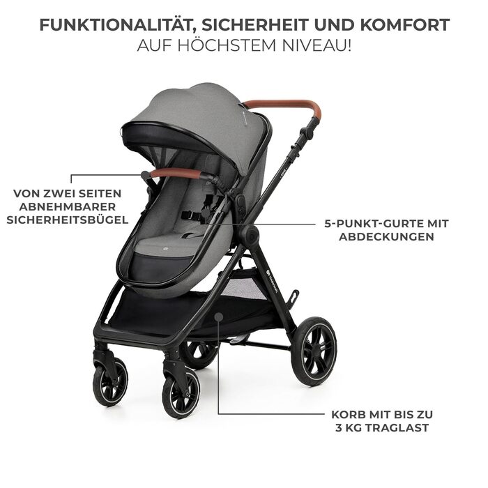 Дитяча коляска Kinderkraft ESME 3-в-1: комплект з автокріслом I-size, до 22 кг, сірого кольору