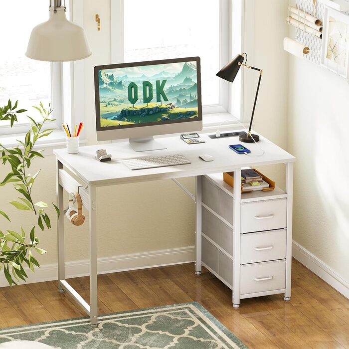 Комп'ютерний стіл ODK з 3 висувними ящиками, 100x48x75.5 см, з розетками та USB, білий. Перевертається, для дому та офісу