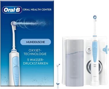 Іригатор Oral-B Oral Health Center з 2 насадками, для очищення міжзубного простору, з Oxyjet-технологією, 5 рівнів тиску, білий/блакитний