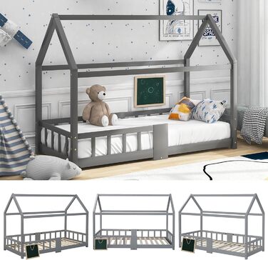 Дитяче ліжко-будиночок Moimhear 90x200 см, сірий колір, з соснового дерева, для дітей