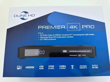 Dune HD Premier 4K Pro Android TV 11 | Потоковий медіаплеєр | Netflix 4K Dolby Vision & Atmos | 4 ГБ/32 ГБ, слот HDD 2.5, AV1, Wi-Fi 6, 1 Гбіт, ISO DV P7 FEL MKV AFR | HDR10+ | DTS |