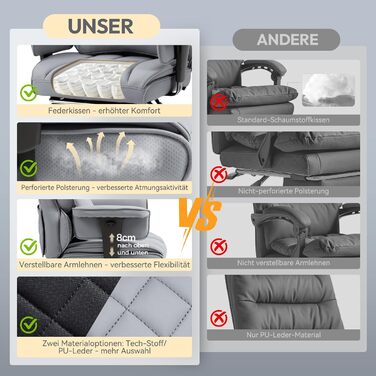 Ігровий крісло Dowinx, офісне ергономічне крісло з кишеньковим пружинним сидінням, крісло для начальника з подвійною м'якою спинкою, регульовані підлокітники та підставка для ніг, комп'ютерне крісло, PU, сірий колір